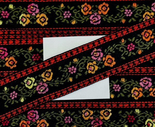 Band/Borte blau 25 mm mit rot/gelben Blüten