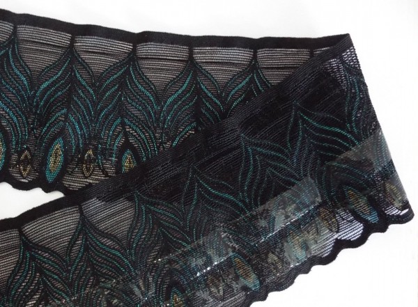 Dessousspitze elastisch 085 mm schwarz mit Pfauenfedern und Silikonbeschichtung auf der Rückseite