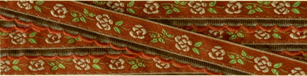 Satinband 14 mm rostbraun mit Rosenmotiv und Bogenkante